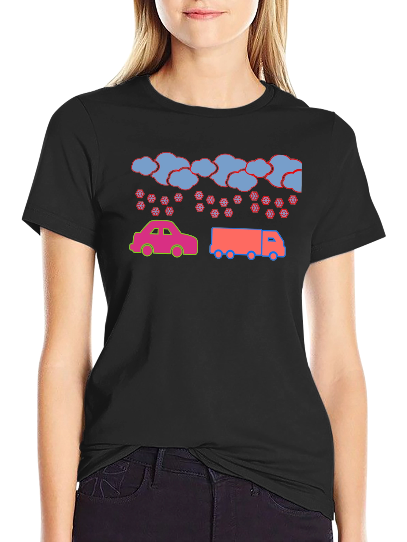 Cartoon Car & Truck Snow Day Black T-Shirt