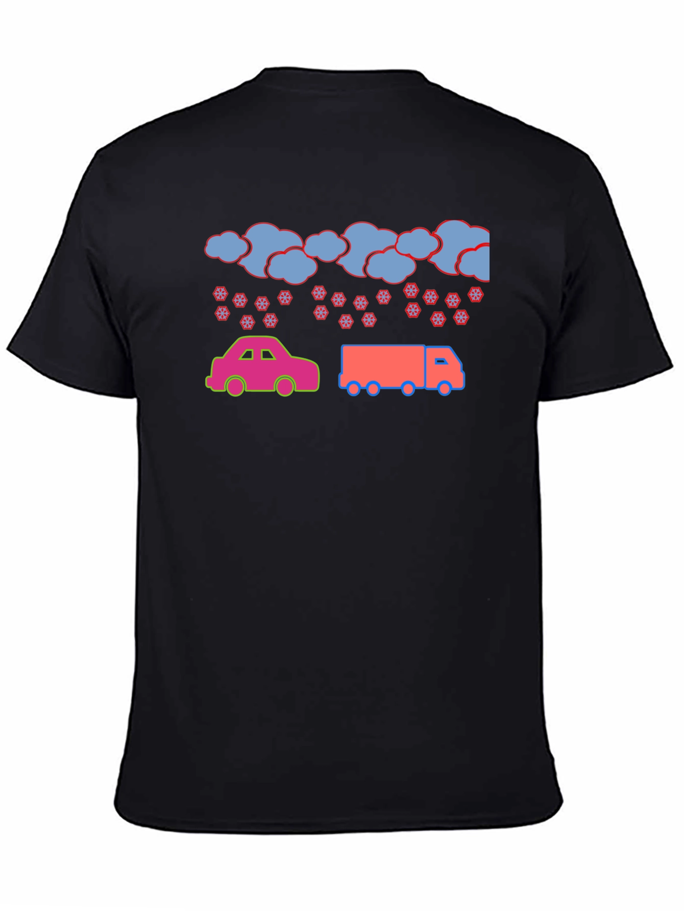 Cartoon Car & Truck Snow Day Black T-Shirt