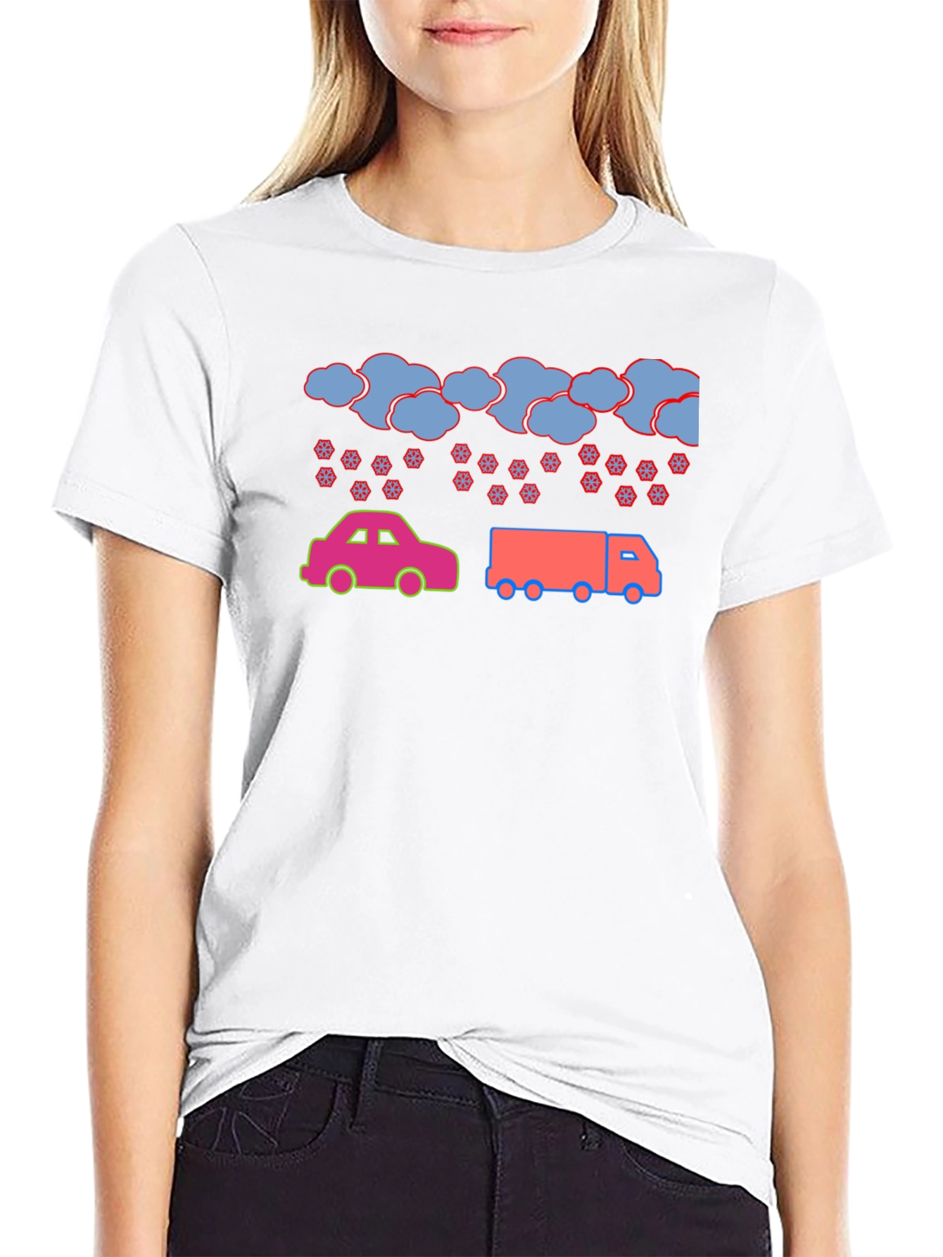 Cartoon Car & Truck Snow Day Black T-Shirt