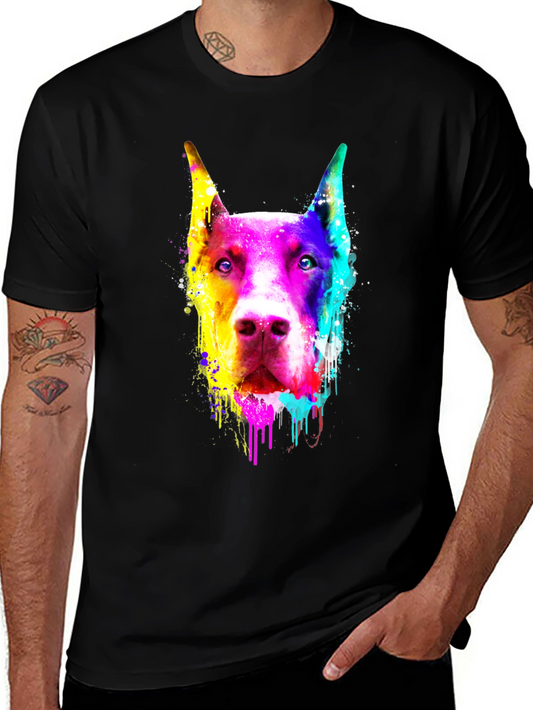 Colorful Doberman Dog Graphic Print Black T-Shirt