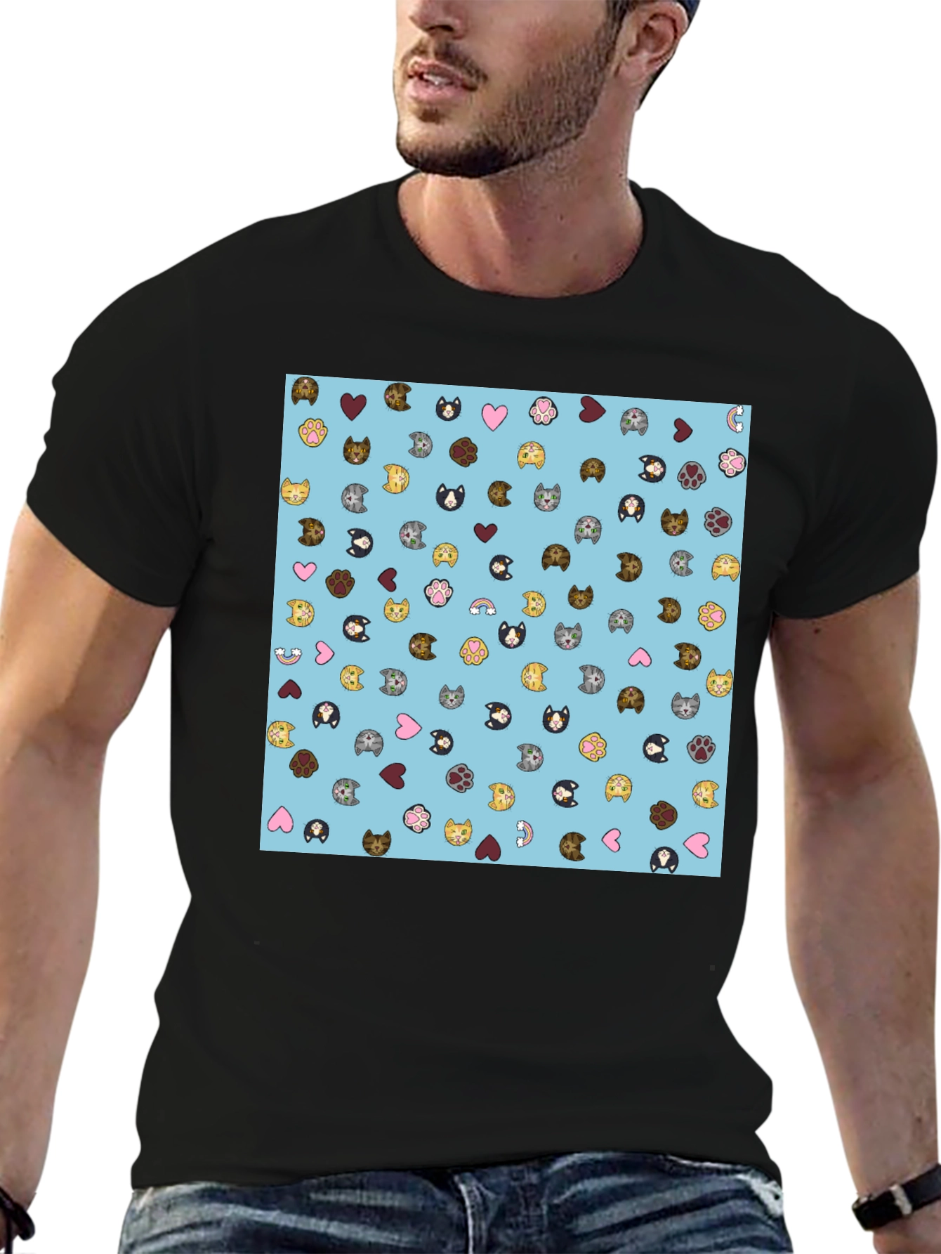 Cat Faces Pattern T-Shirt Soft Cotton Blend Modern Style