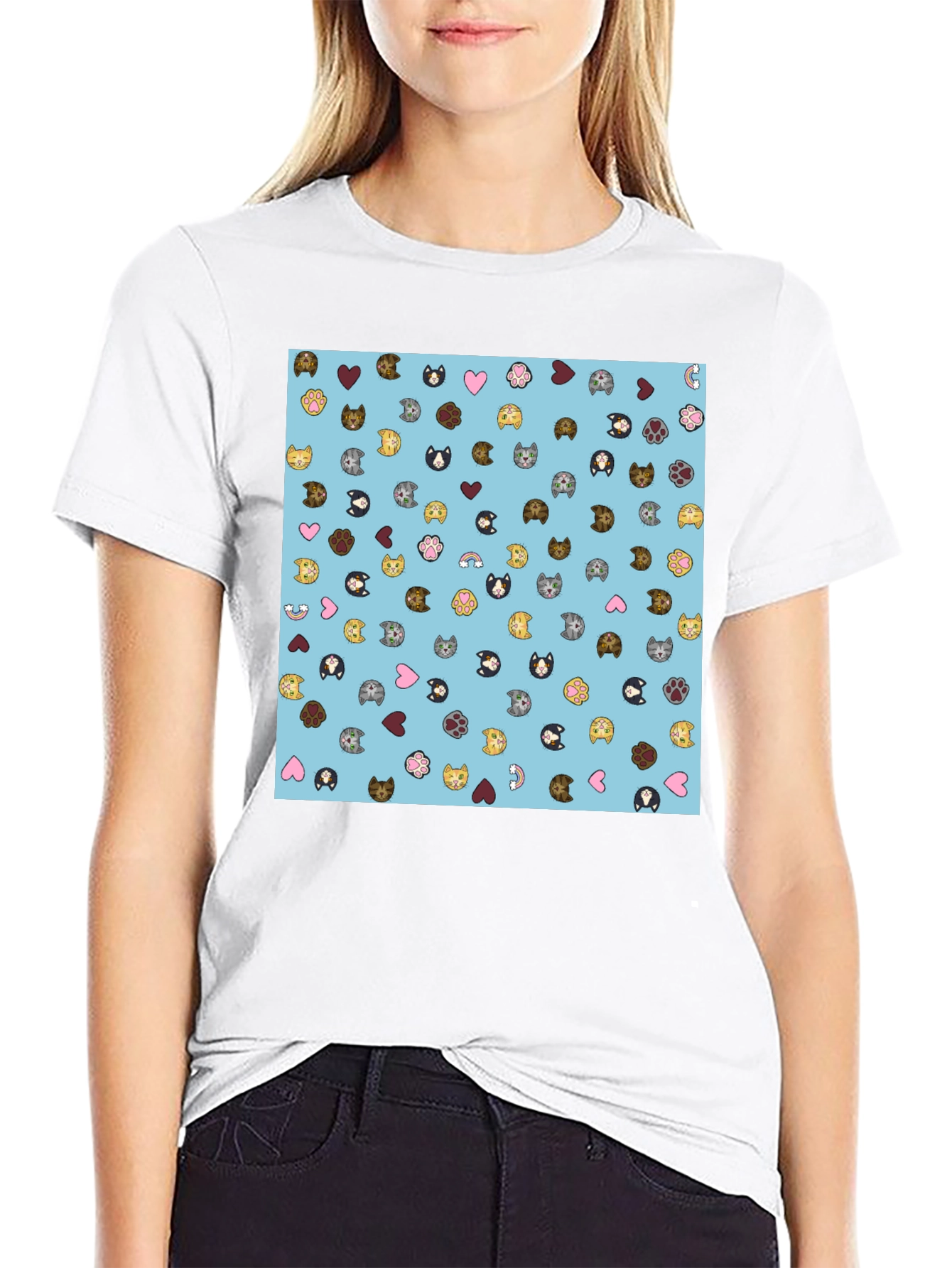 Cat Faces Pattern T-Shirt Soft Cotton Blend Modern Style