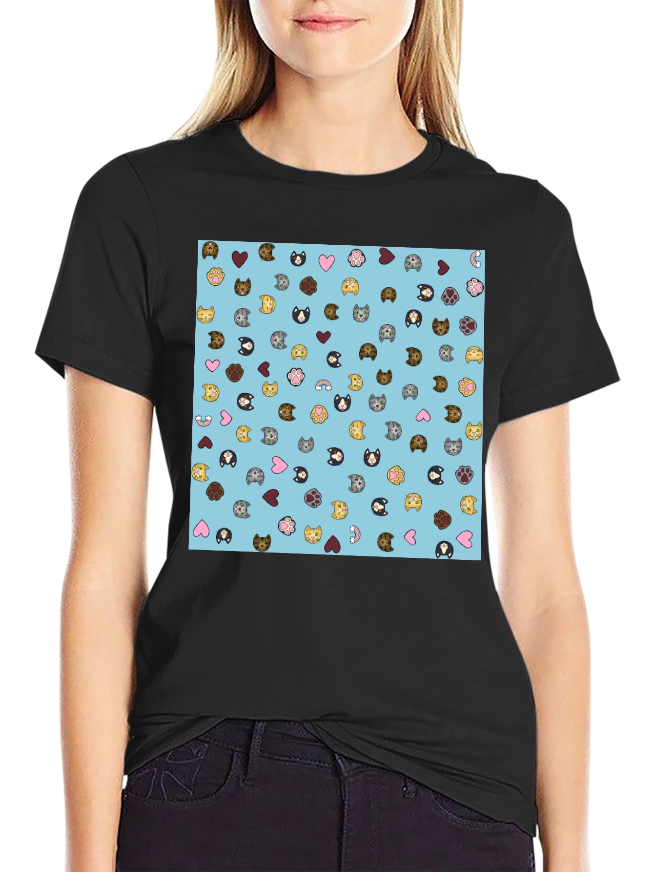 Cat Faces Pattern T-Shirt Soft Cotton Blend Modern Style