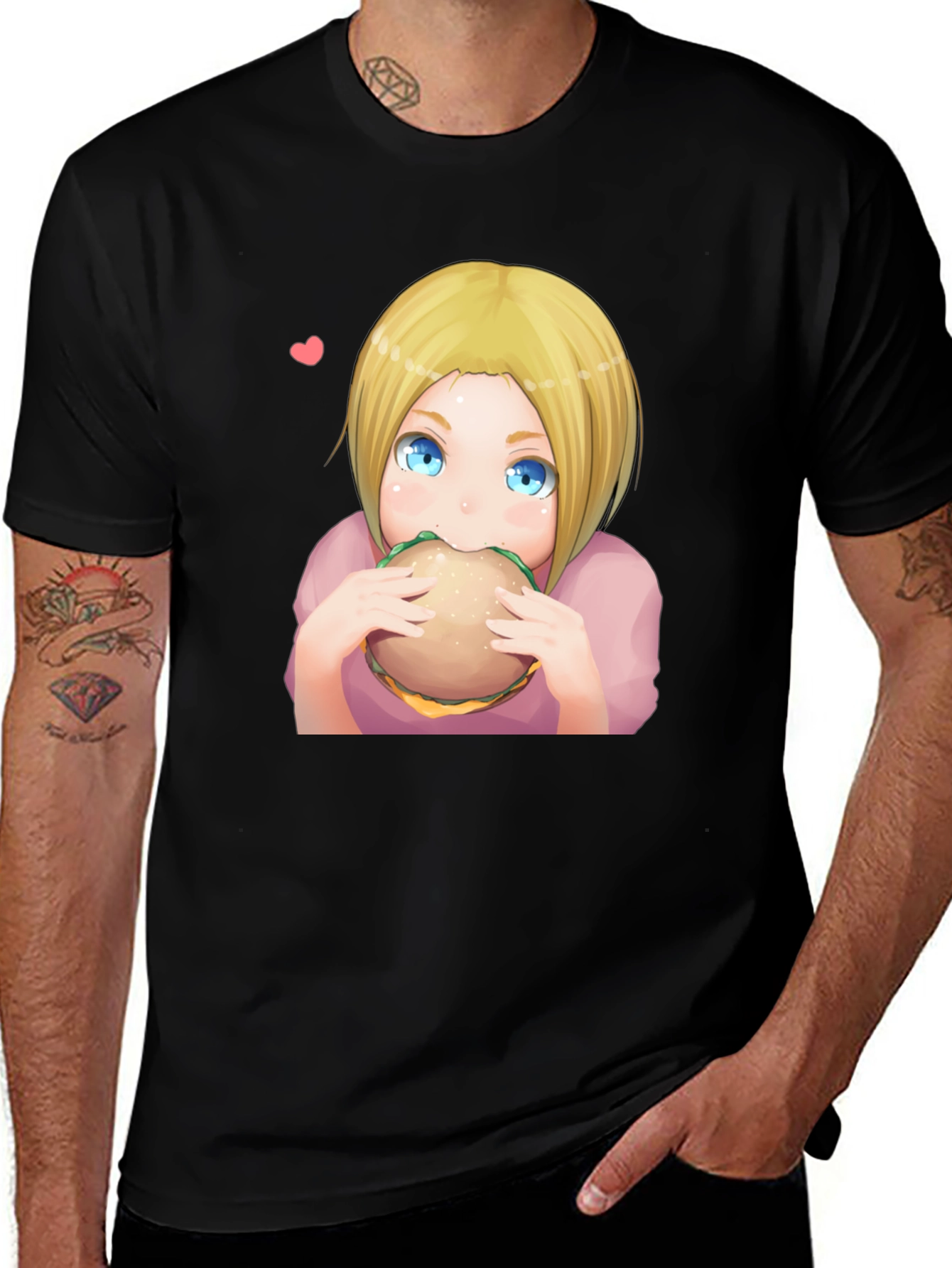 Anime Girl Eating Burger Graphic T-Shirt - Black