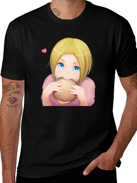 Anime Girl Eating Burger Graphic T-Shirt - Black