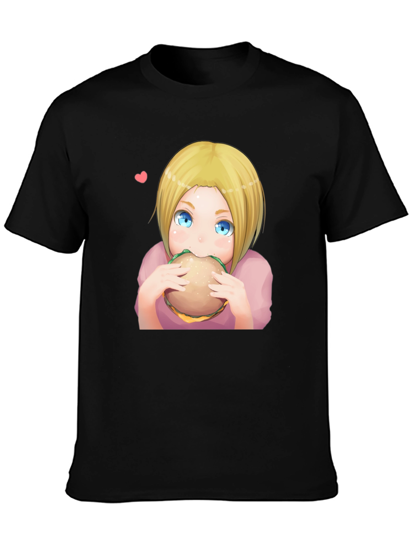 Anime Girl Eating Burger Graphic T-Shirt - Black