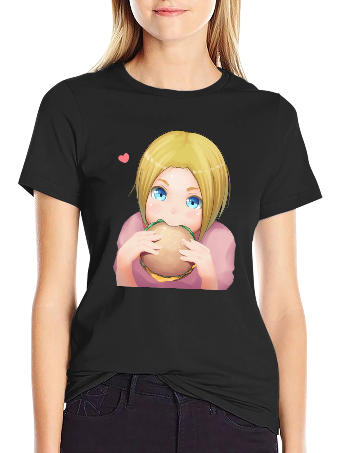 Anime Girl Eating Burger Graphic T-Shirt - Black
