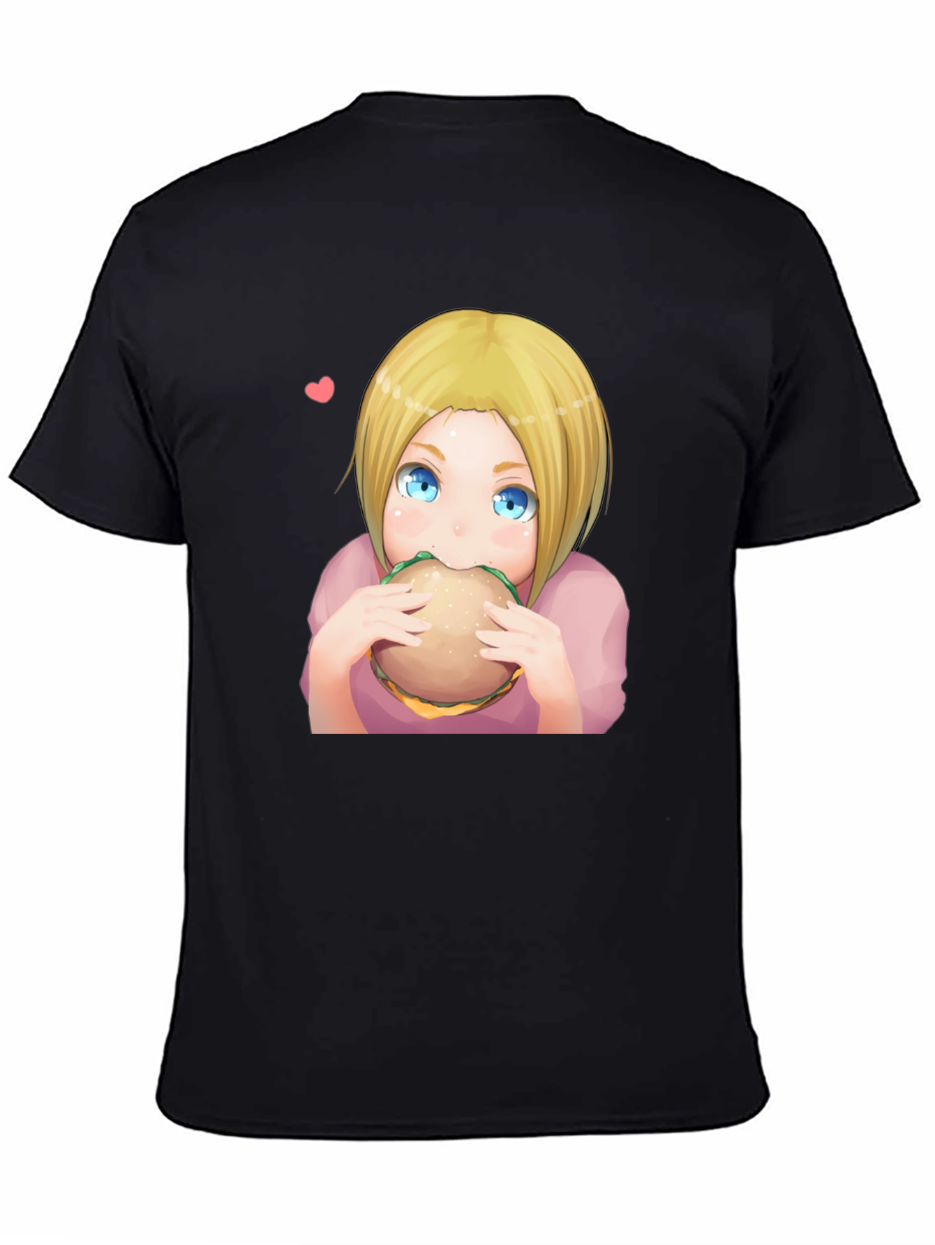 Anime Girl Eating Burger Graphic T-Shirt - Black