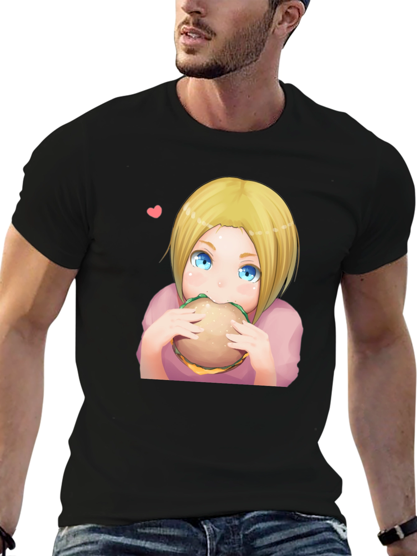 Anime Girl Eating Burger Graphic T-Shirt - Black