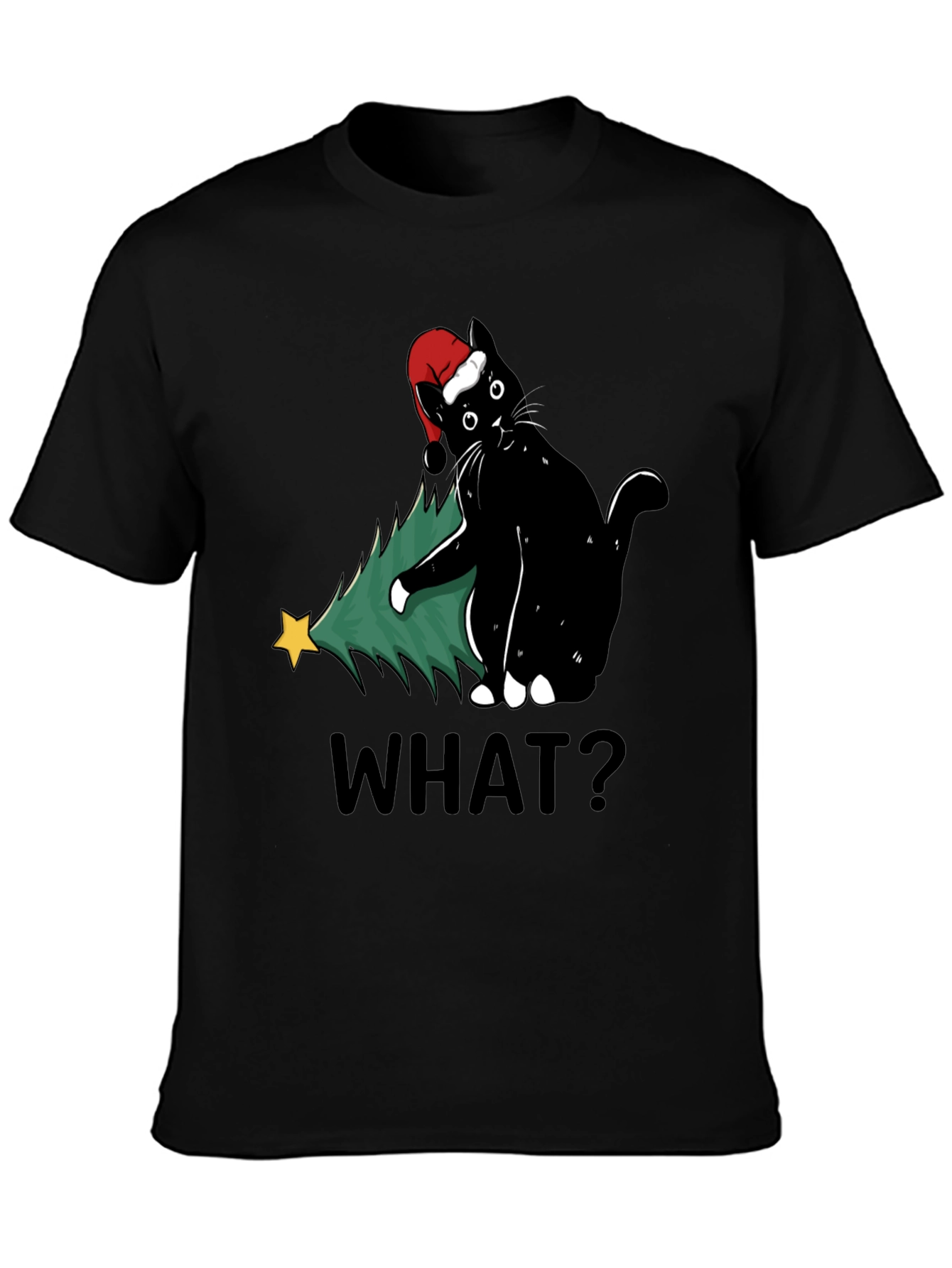 Funny Black Cat Christmas Tree What? T-Shirt