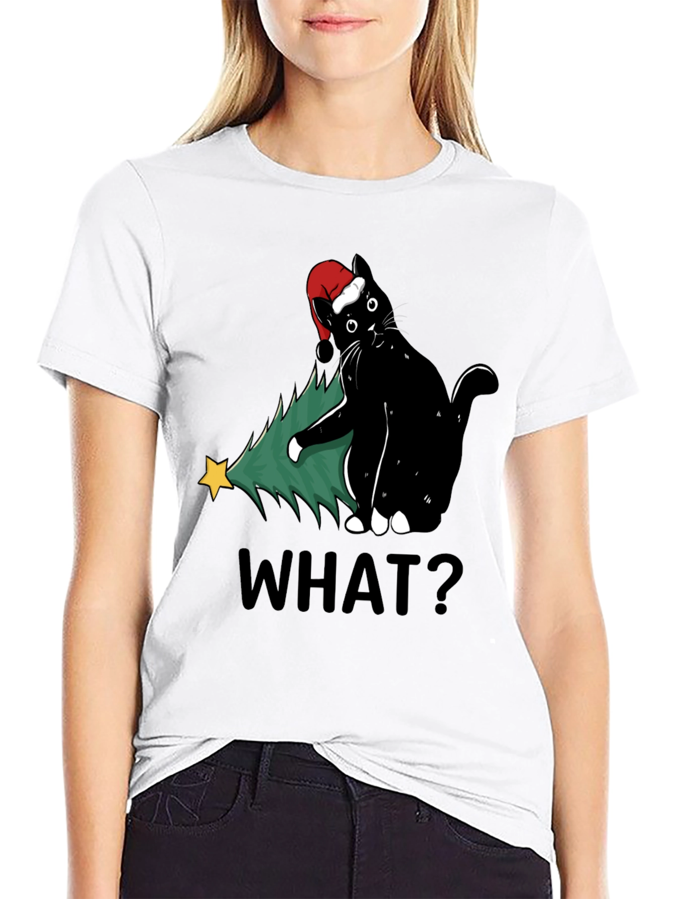 Funny Black Cat Christmas Tree What? T-Shirt