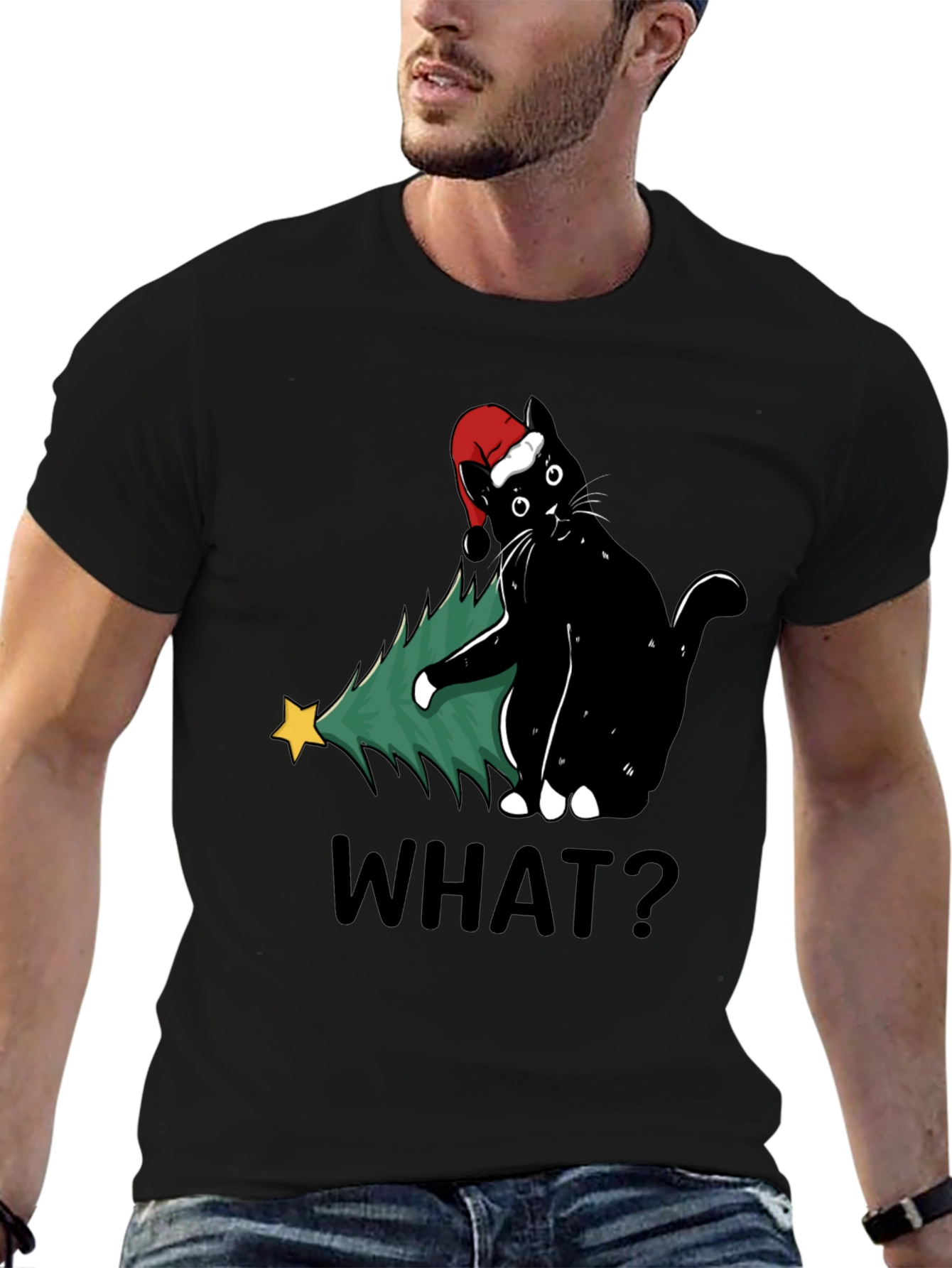 Funny Black Cat Christmas Tree What? T-Shirt