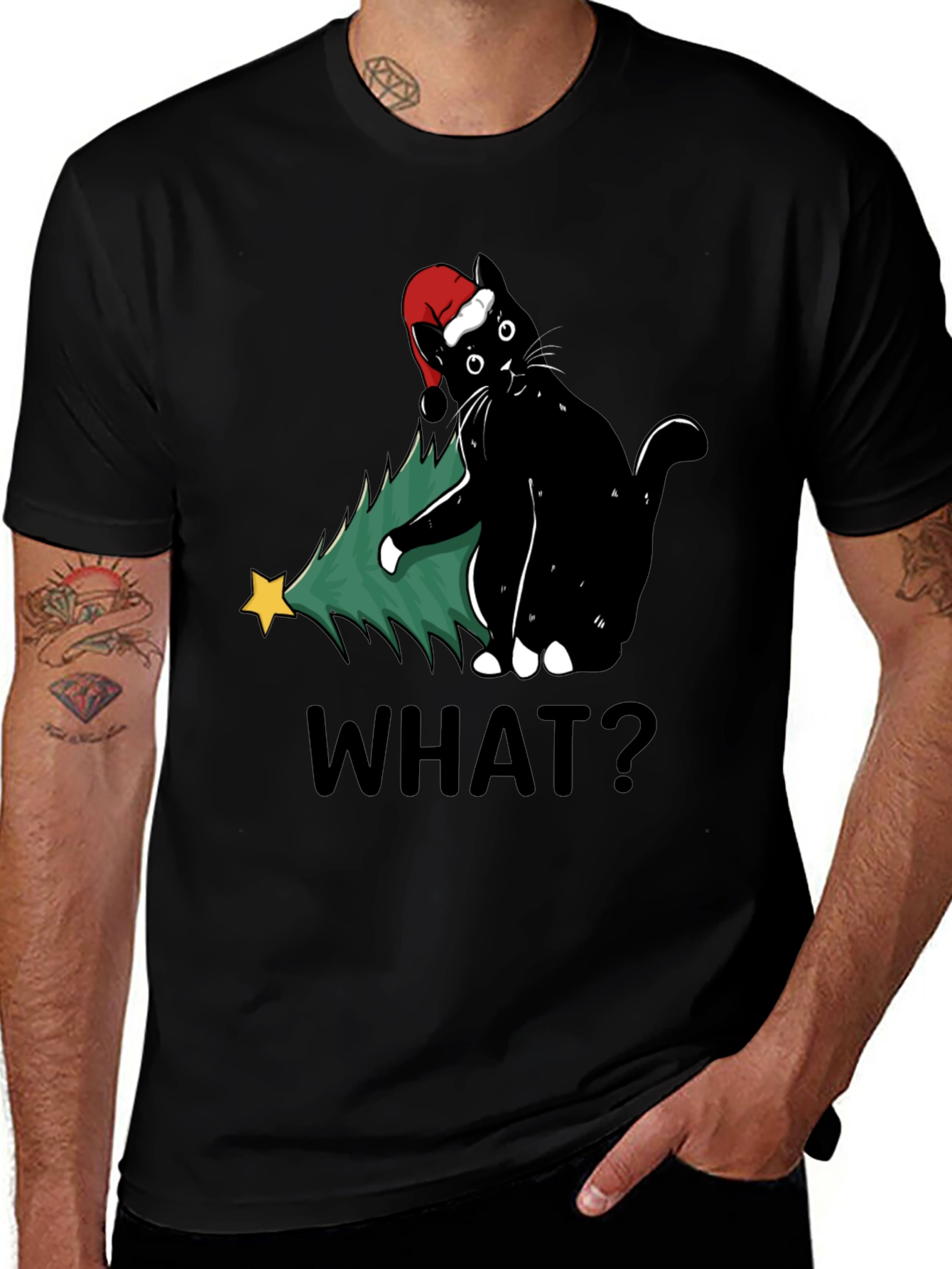 Funny Black Cat Christmas Tree What? T-Shirt