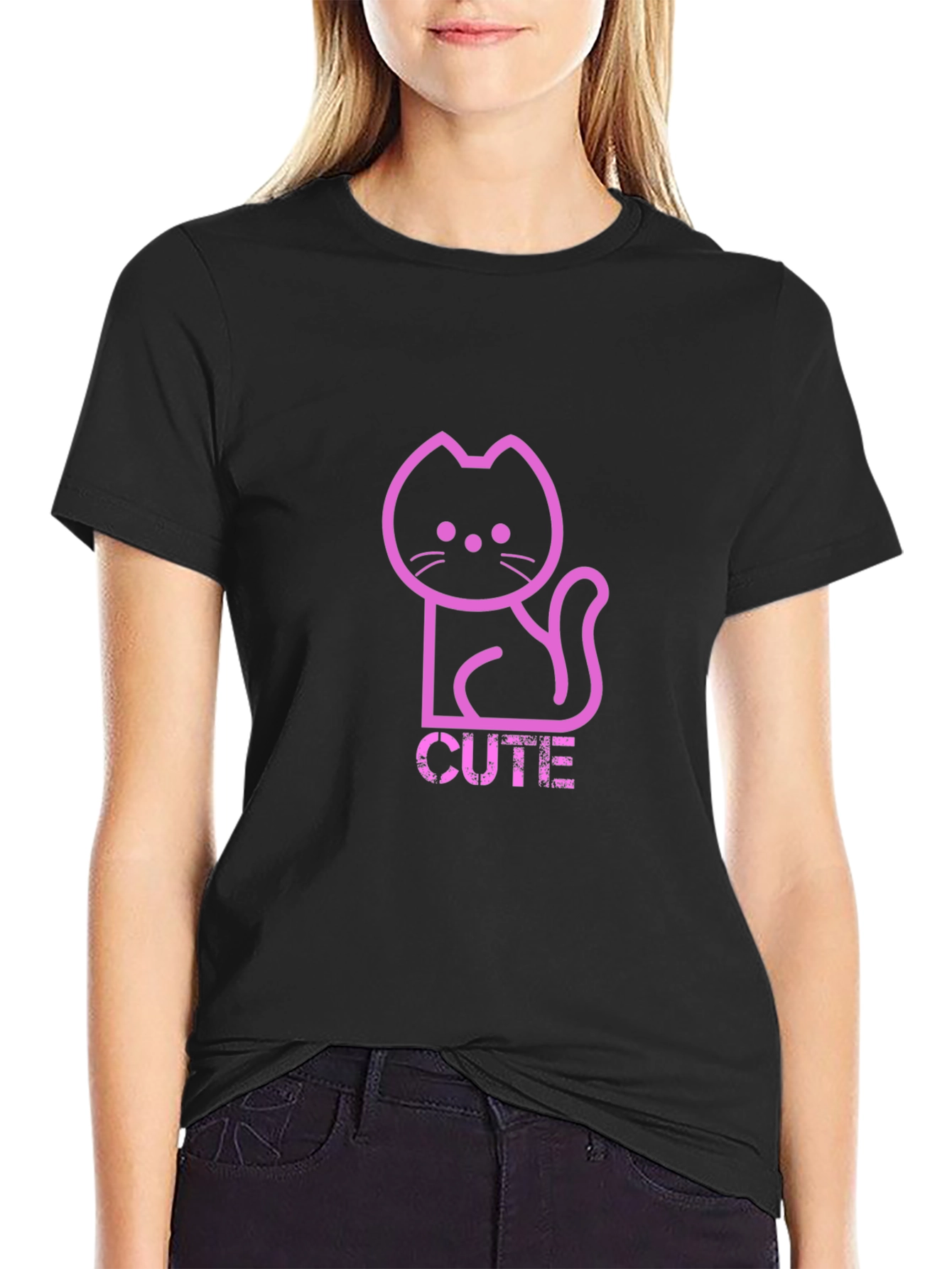 Cute Pink Cat Graphic T-Shirt - Trendy Black Tee