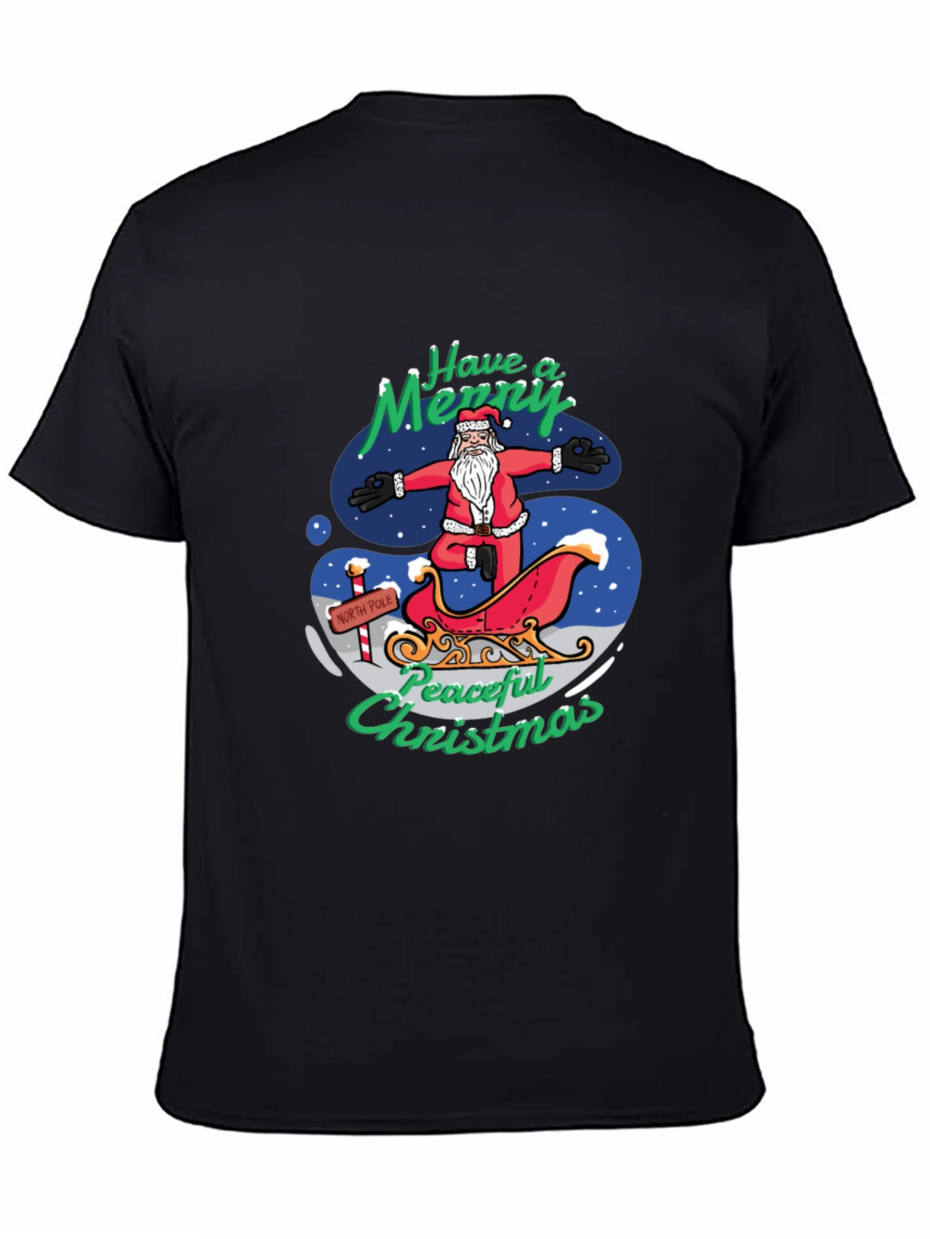 Peaceful Christmas Santa Yoga Black T-Shirt
