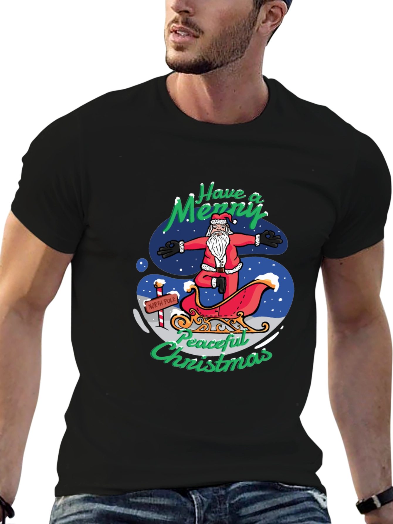 Peaceful Christmas Santa Yoga Black T-Shirt
