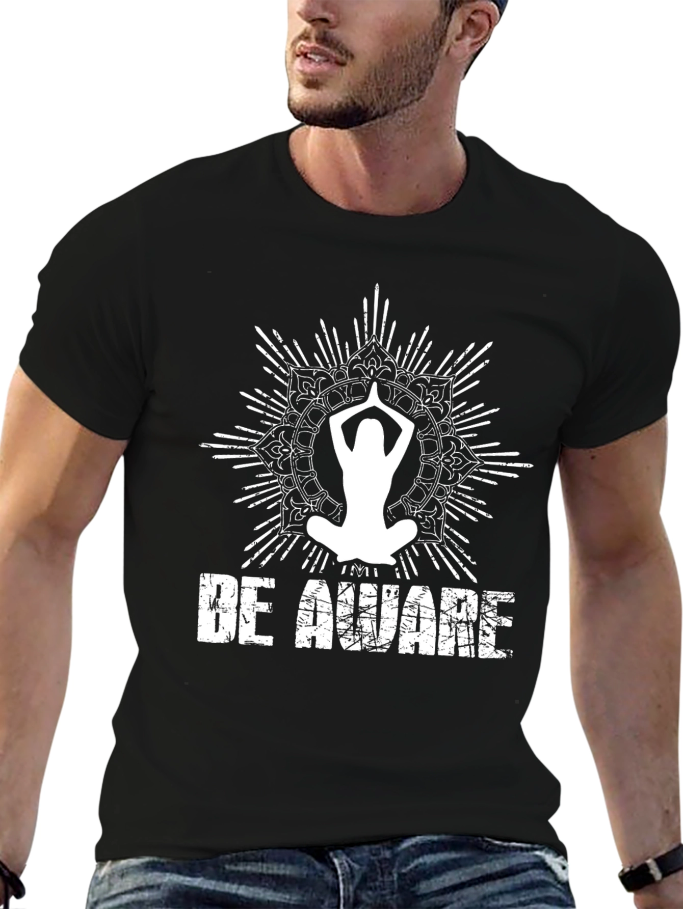 Be Aware Yoga Mandala T-Shirt - Black Graphic Tee
