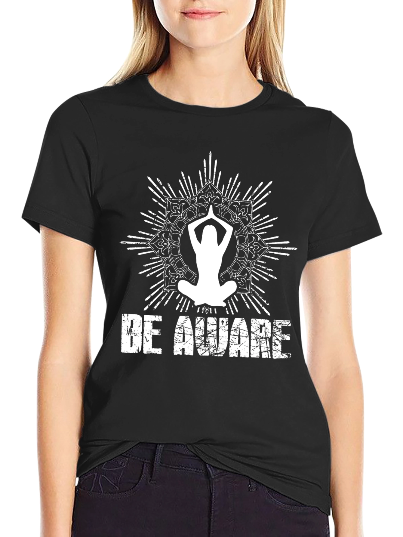 Be Aware Yoga Mandala T-Shirt - Black Graphic Tee