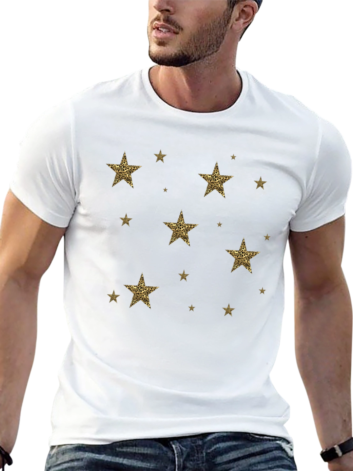 Stylish Black Tee with Leopard Print Star Design
