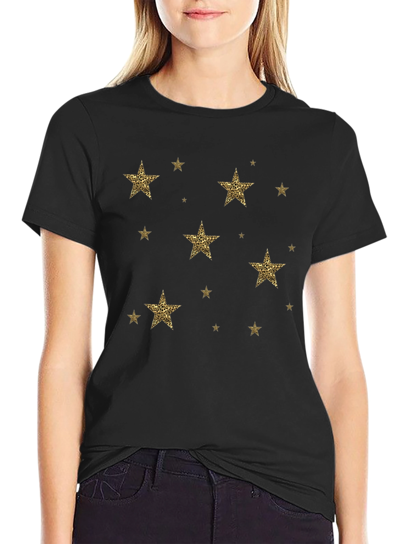 Stylish Black Tee with Leopard Print Star Design