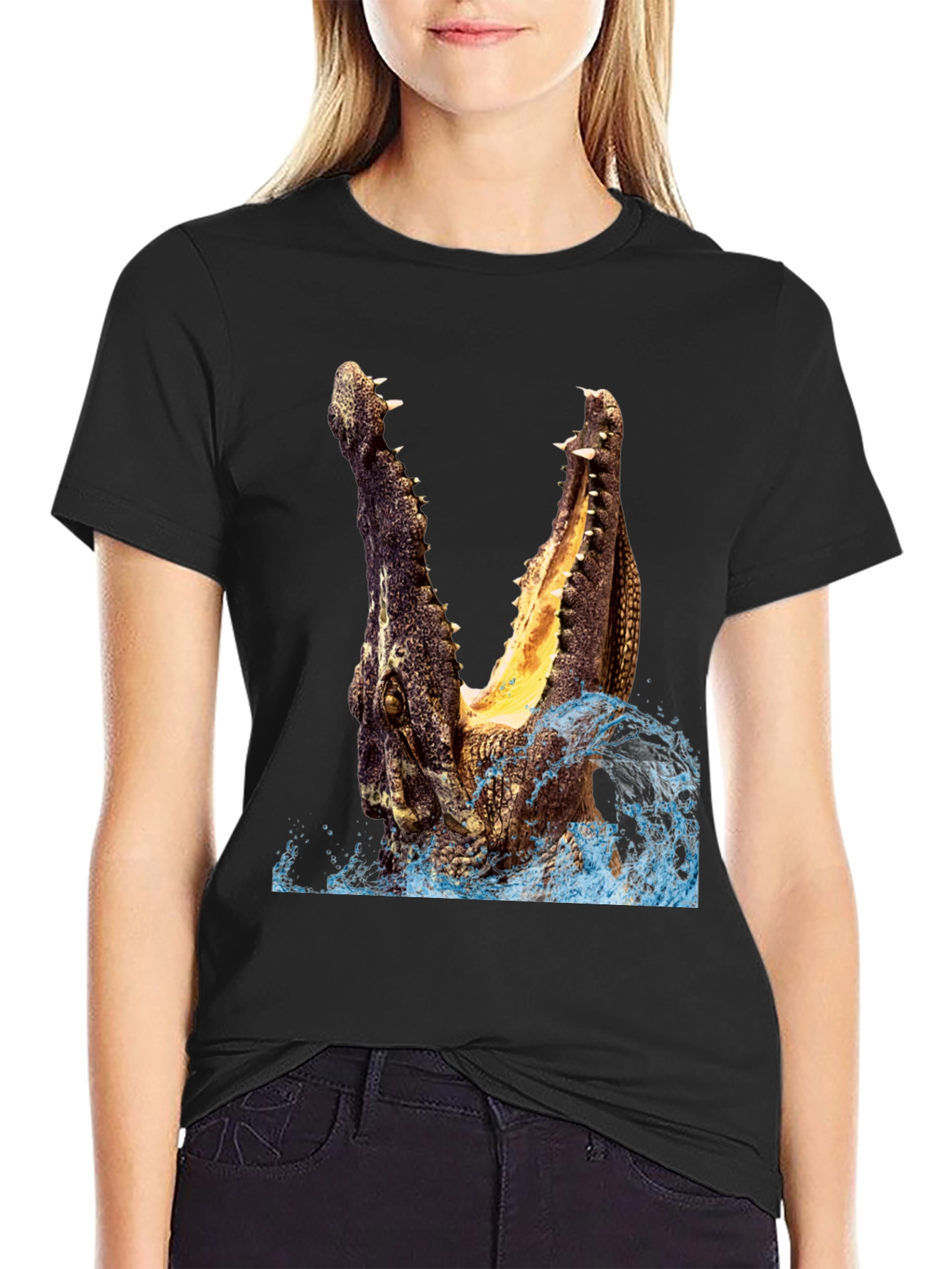 Crocodile Attack Graphic Tee - Black Cotton T-Shirt