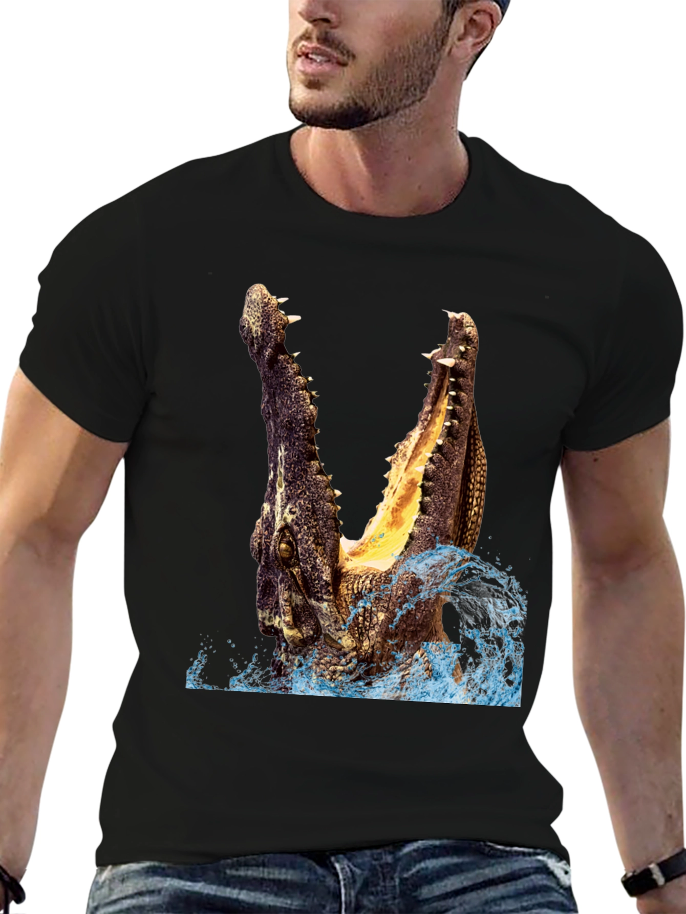 Crocodile Attack Graphic Tee - Black Cotton T-Shirt