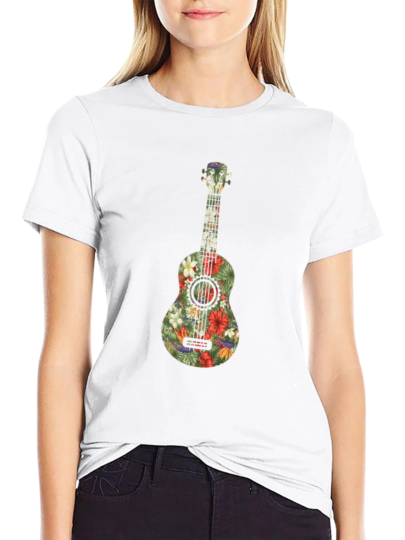 Floral Ukulele Graphic Tee - Tropical Vibes