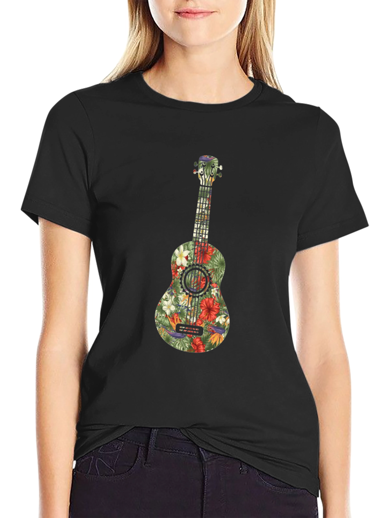 Floral Ukulele Graphic Tee - Tropical Vibes