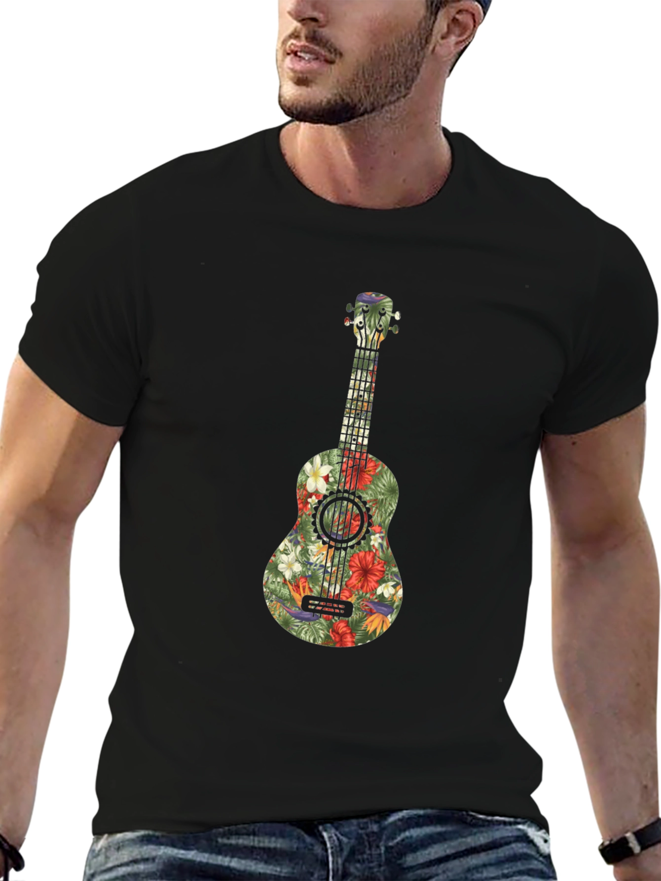Floral Ukulele Graphic Tee - Tropical Vibes
