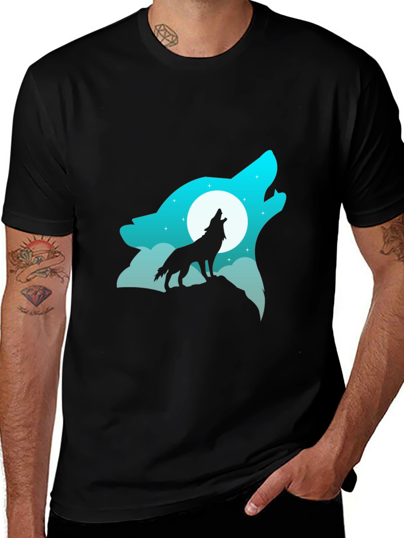 Wolf Howling at Moon Graphic Tee - Black Cotton