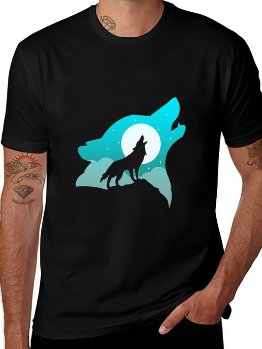Wolf Howling at Moon Graphic Tee - Black Cotton