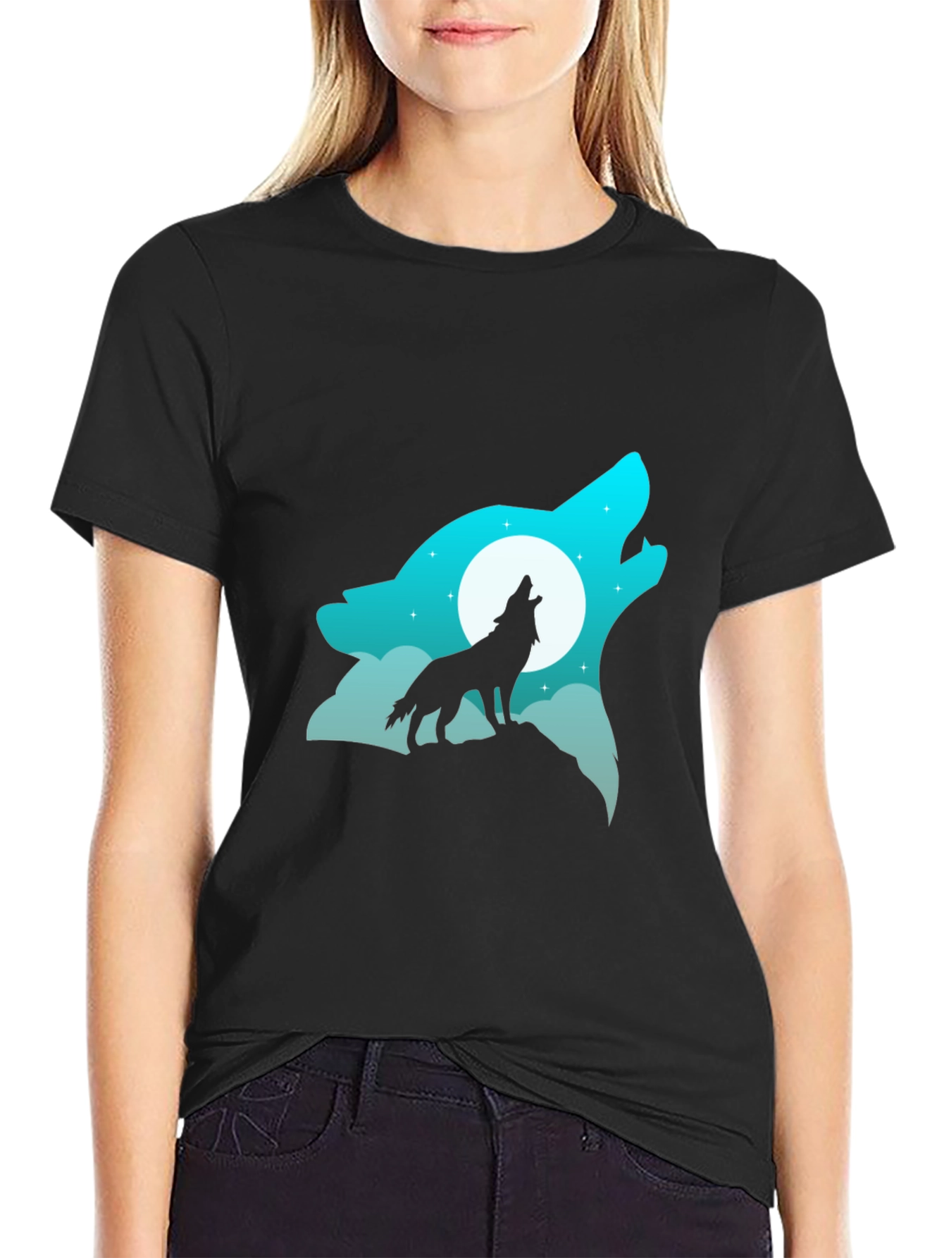 Wolf Howling at Moon Graphic Tee - Black Cotton