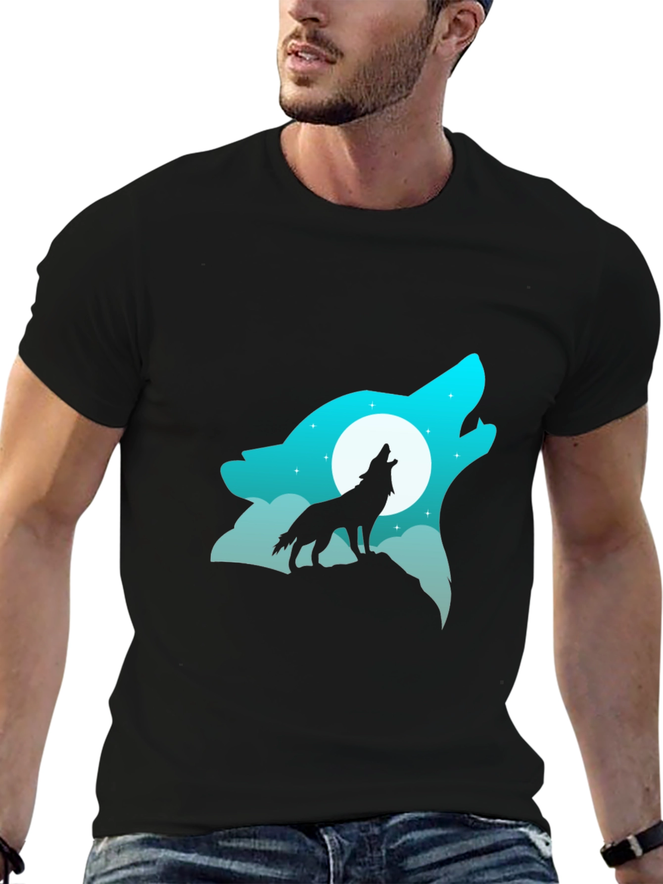 Wolf Howling at Moon Graphic Tee - Black Cotton