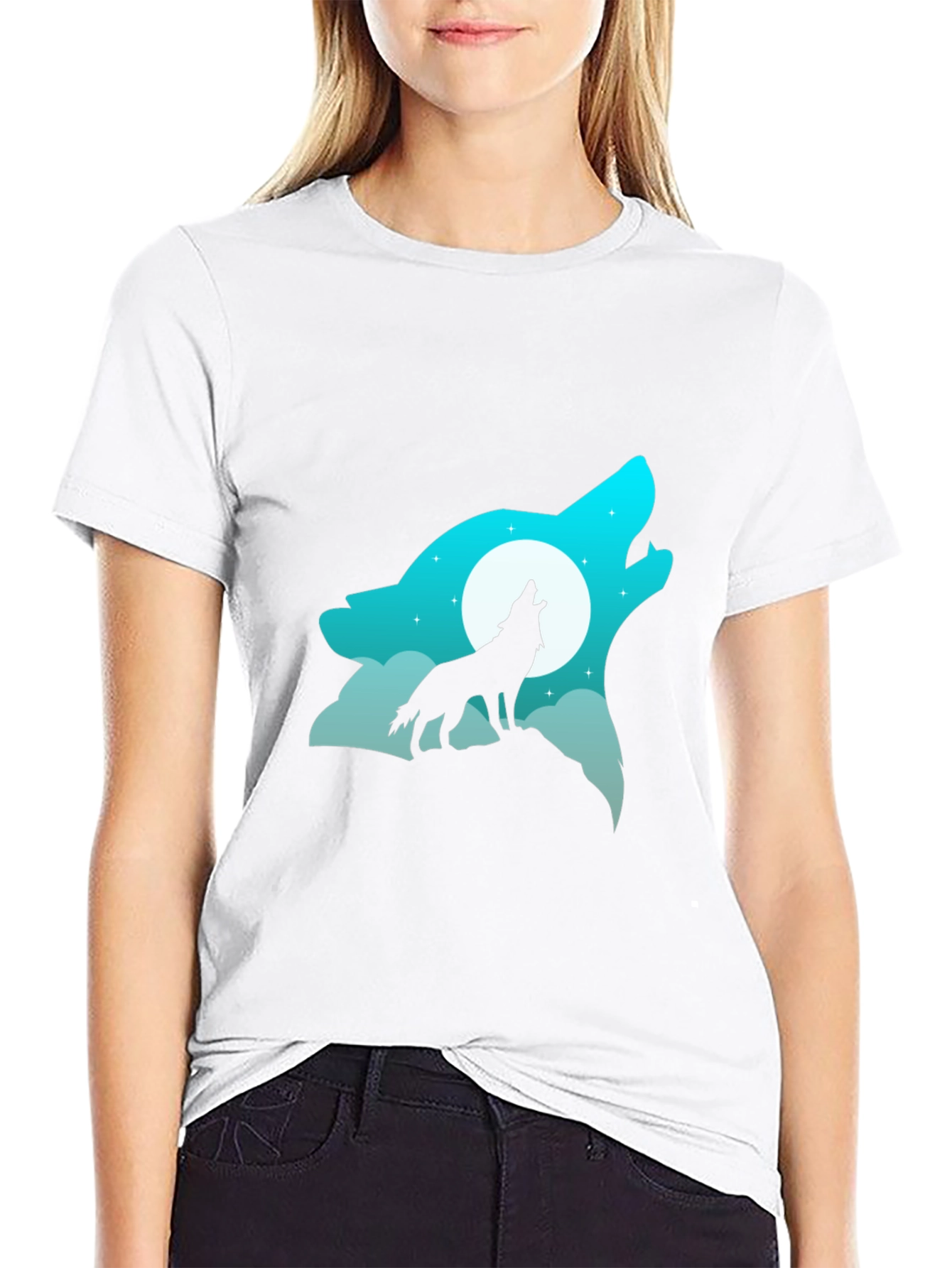 Wolf Howling at Moon Graphic Tee - Black Cotton