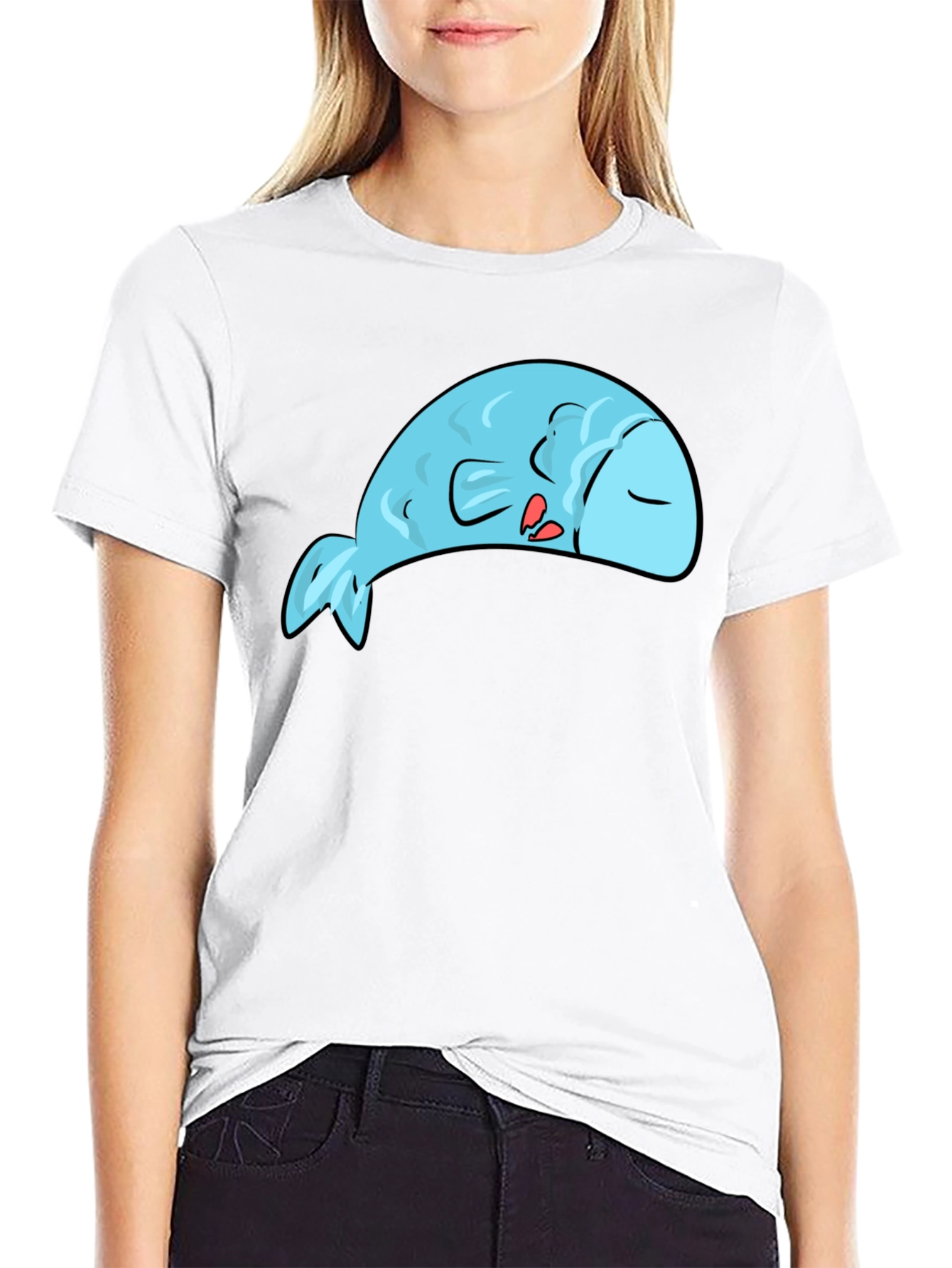 Sleeping Blue Fish Graphic Tee - Novelty T-Shirt