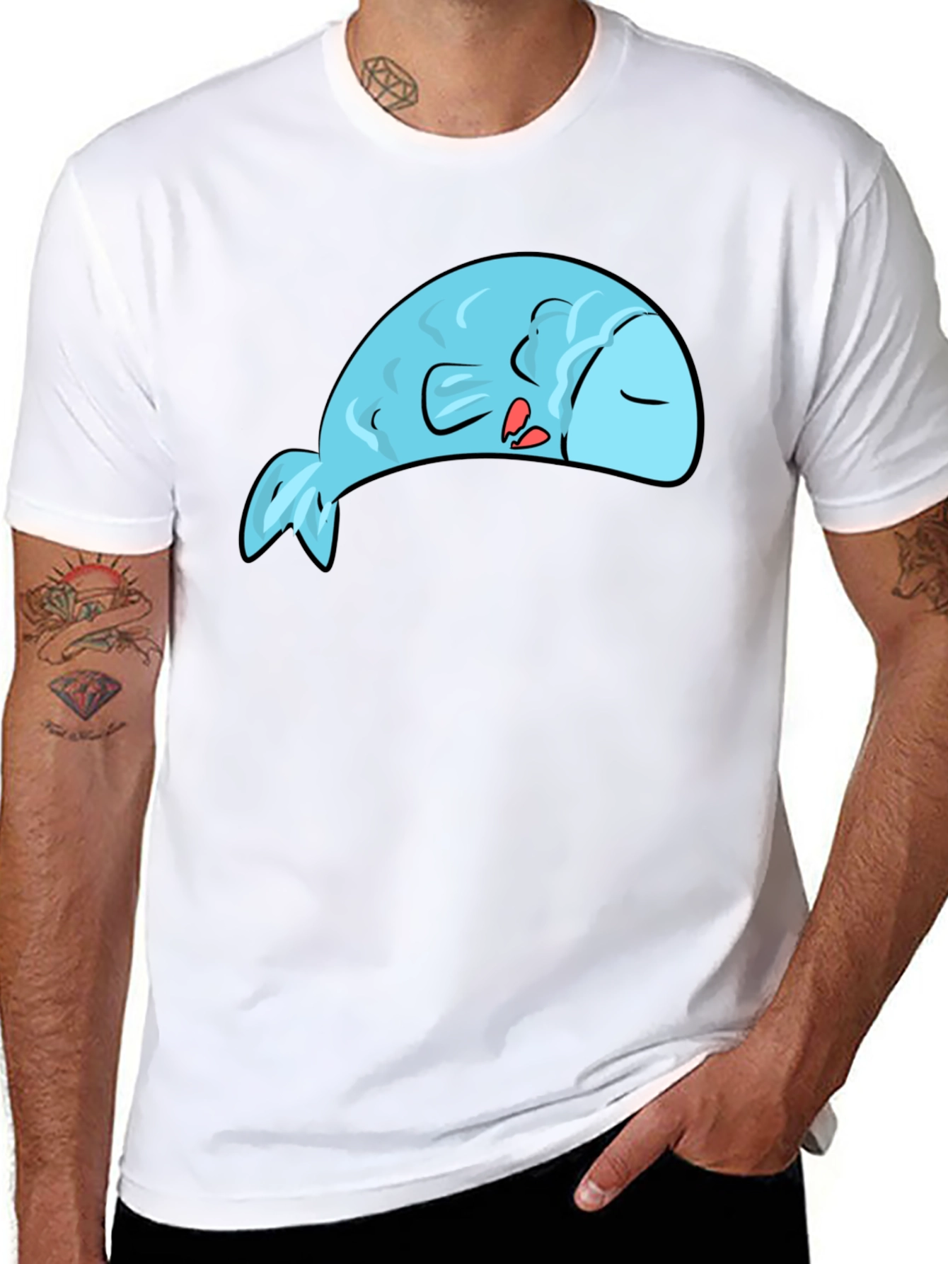 Sleeping Blue Fish Graphic Tee - Novelty T-Shirt