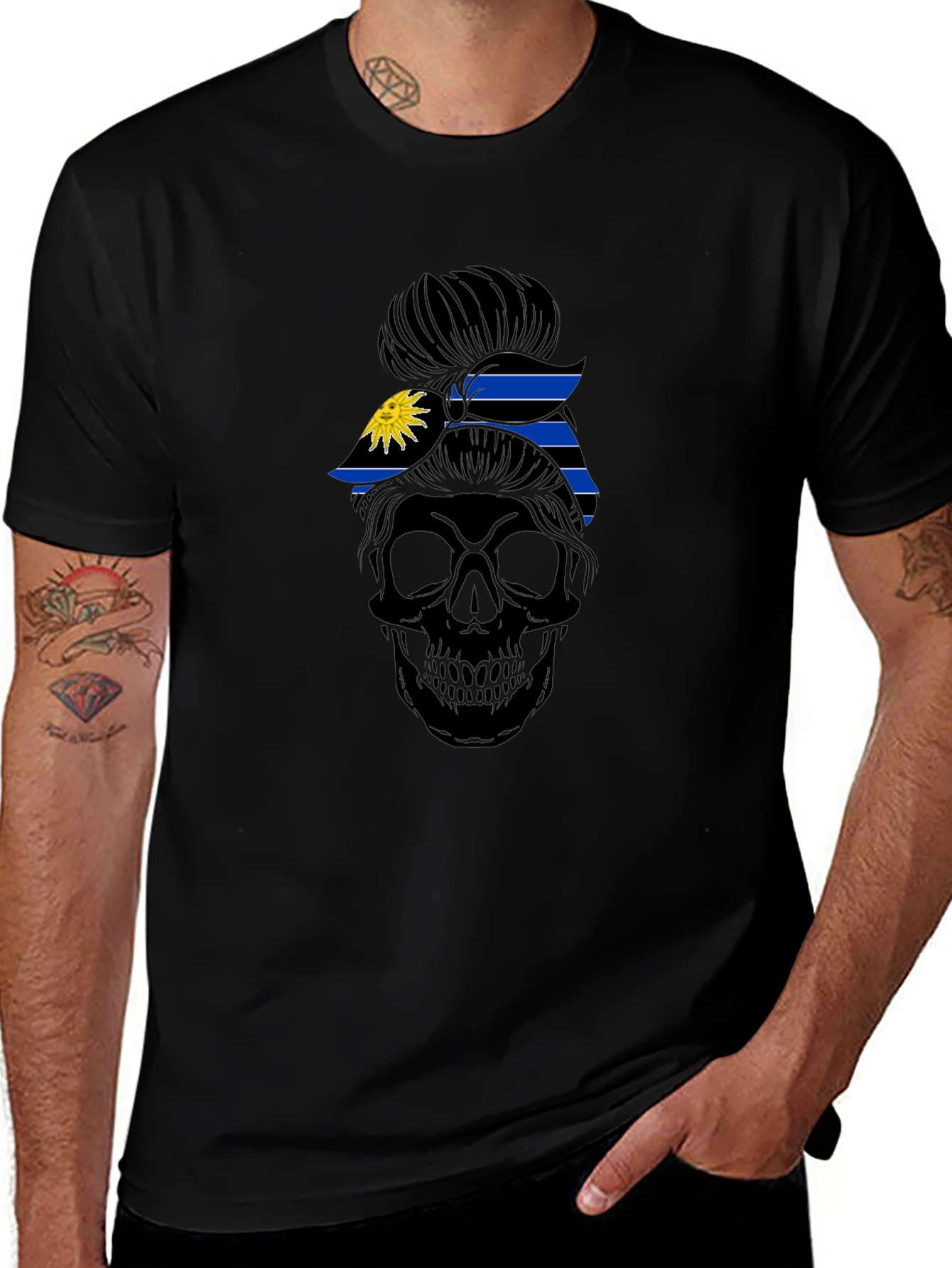 Skull Messy Bun Antigua Flag T-Shirt