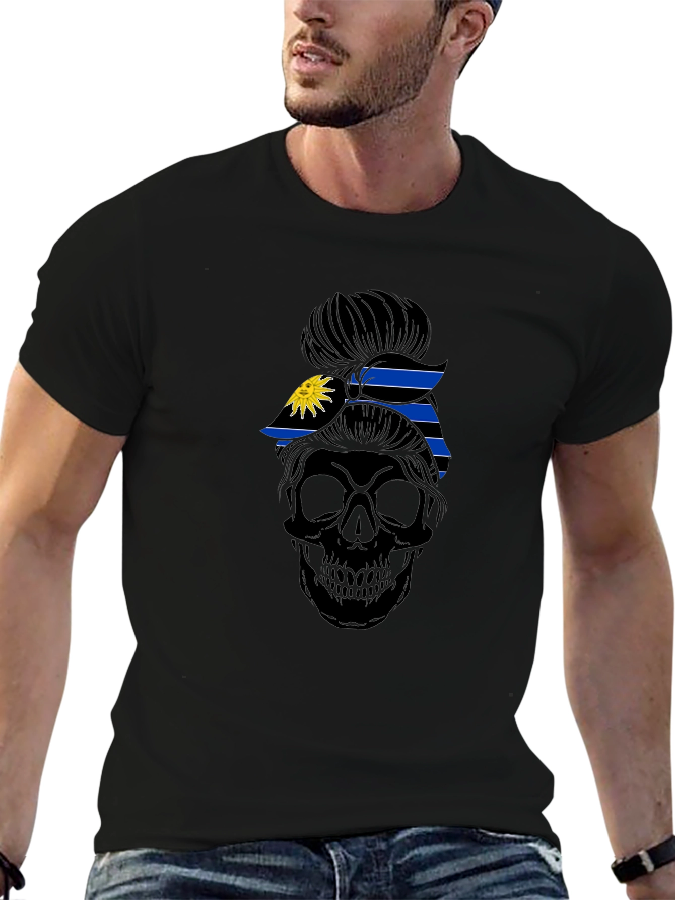 Skull Messy Bun Antigua Flag T-Shirt