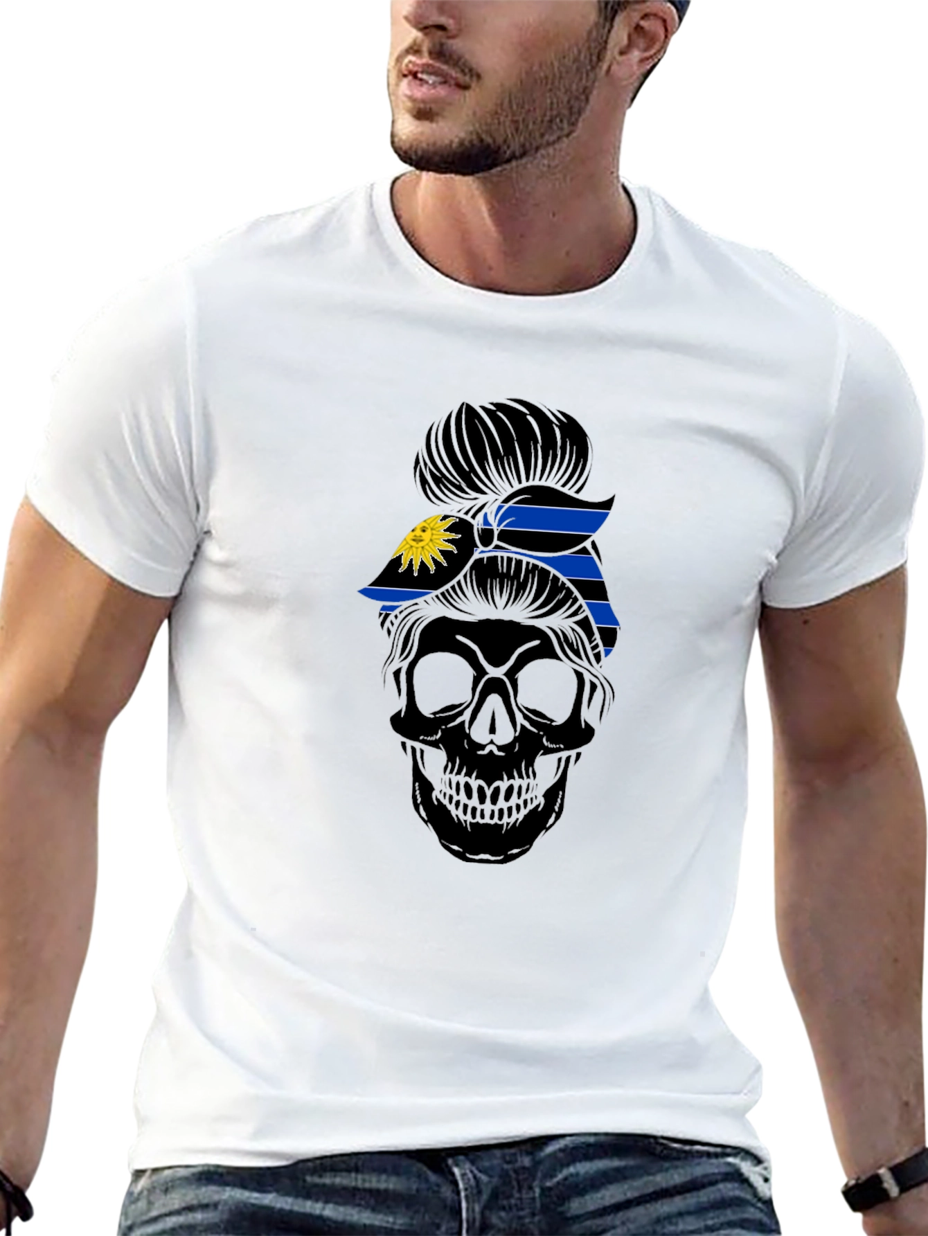 Skull Messy Bun Antigua Flag T-Shirt