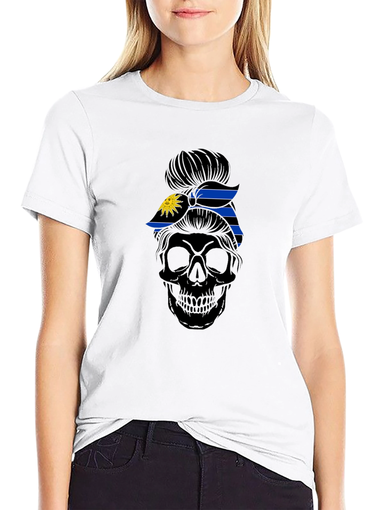 Skull Messy Bun Antigua Flag T-Shirt