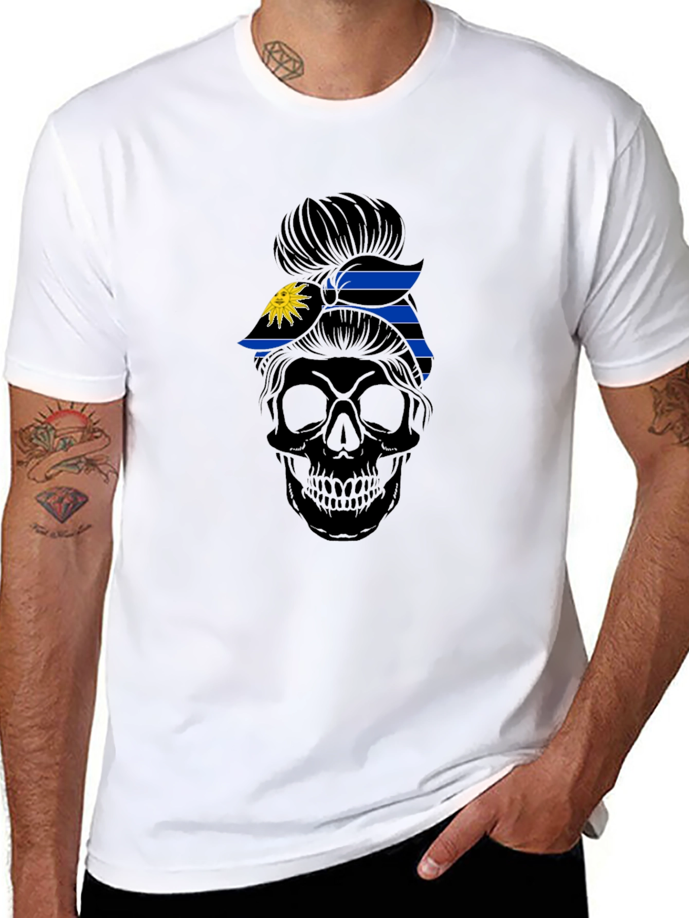 Skull Messy Bun Antigua Flag T-Shirt