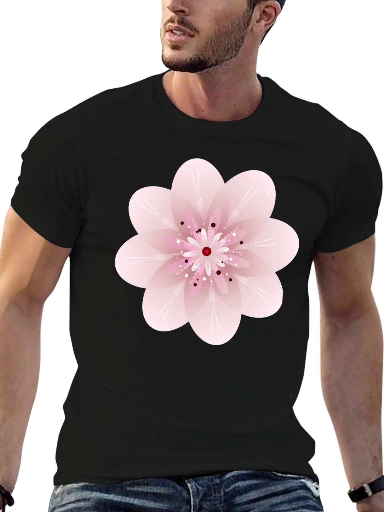 Black T-Shirt with Pink Floral Design