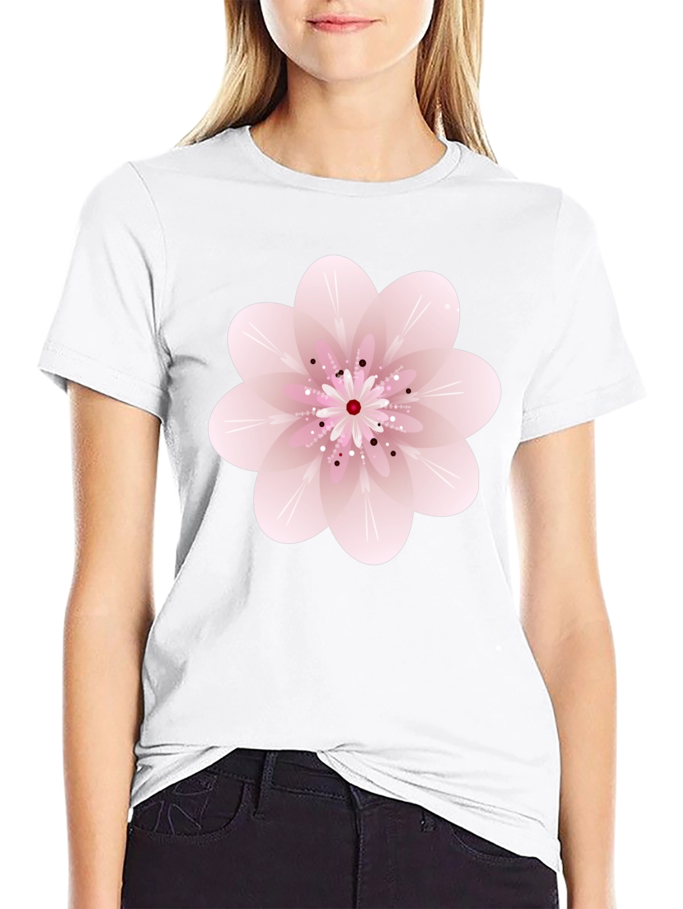 Black T-Shirt with Pink Floral Design