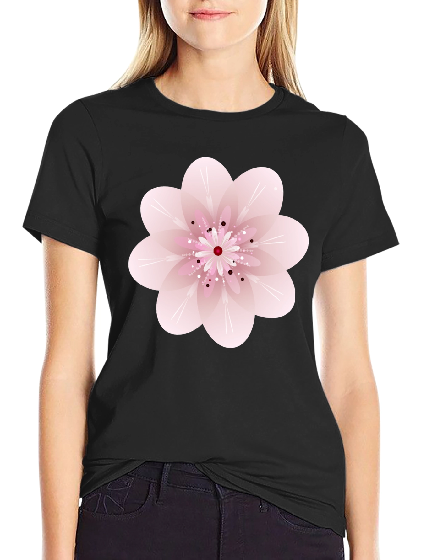 Black T-Shirt with Pink Floral Design