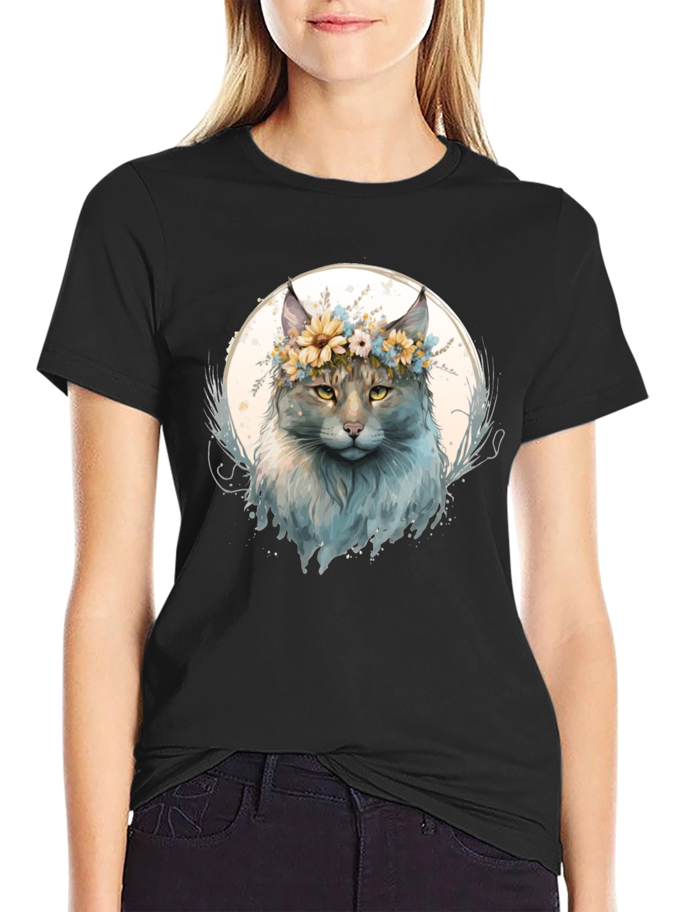Floral Crown Cat Graphic T-Shirt