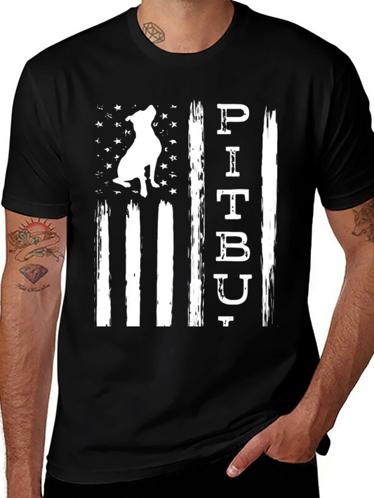 Pitbull Dog American Flag Black T-Shirt