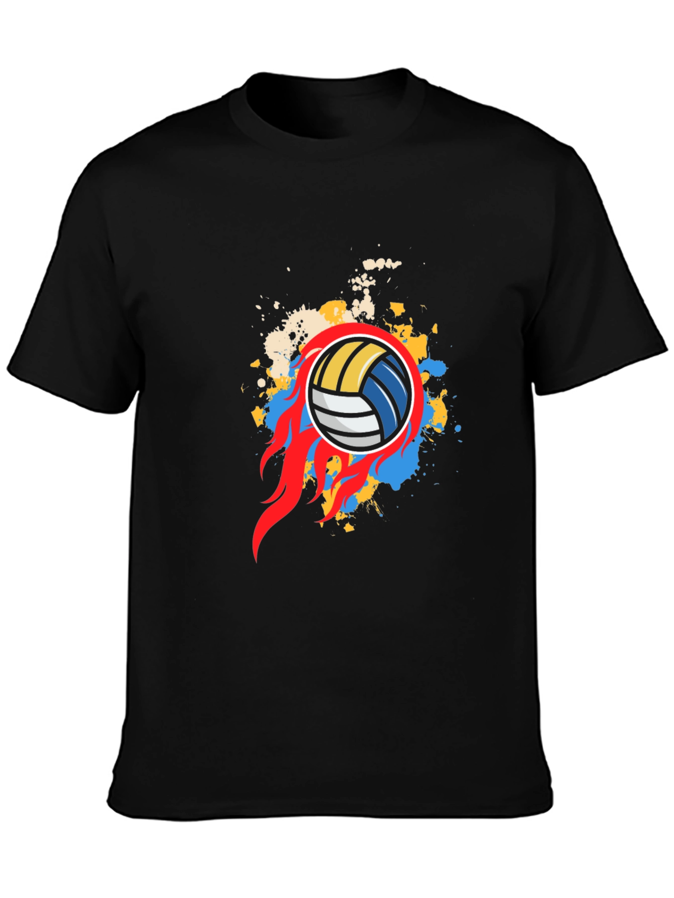 Flaming Volleyball Graphic Tee - Black Cotton Shirt