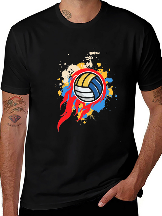 Flaming Volleyball Graphic Tee - Black Cotton Shirt