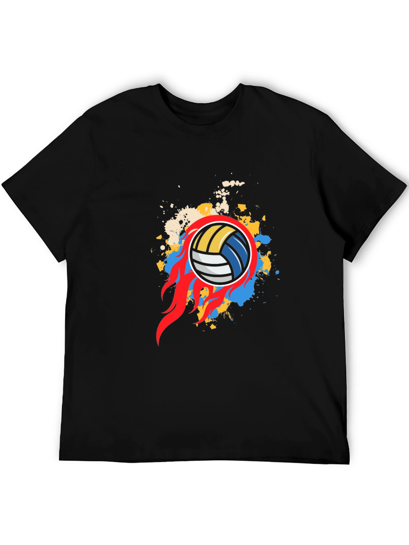 Flaming Volleyball Graphic Tee - Black Cotton Shirt