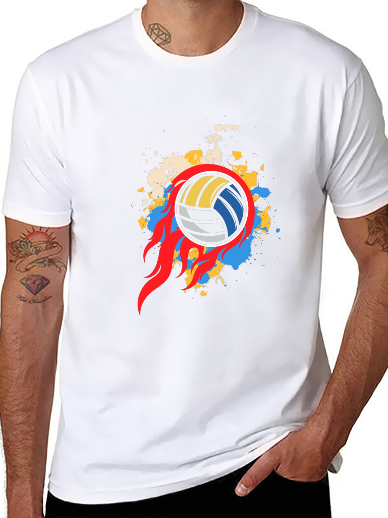 Flaming Volleyball Graphic Tee - Black Cotton Shirt